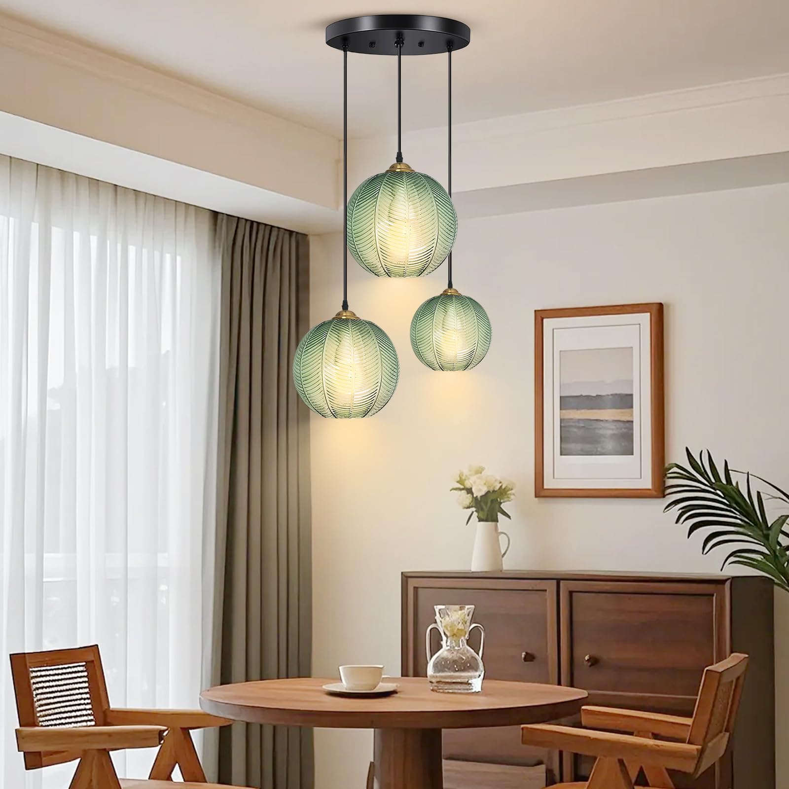 Pendelleuchte Esstisch 3-Flammig, Modern Hängeleuchte Höhenverstellbar Hängelampe Glas Grün, E27 Esstischlampe Hängend für Wohnzimmer Küche Schlafzimmer Flur