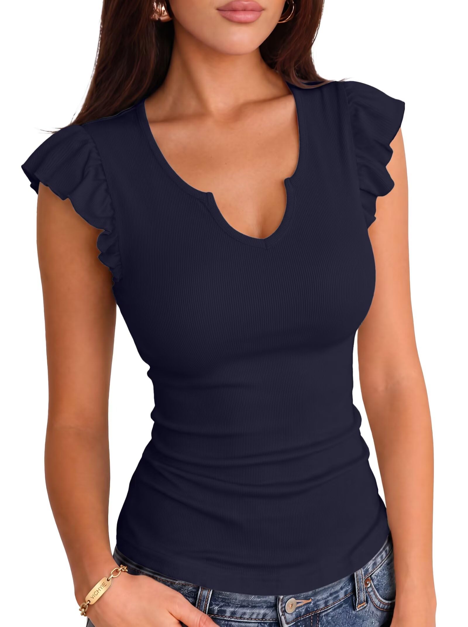 VICHYIE Summer Women Ruffle Cap Sleeve Pretty Fitted Shirt