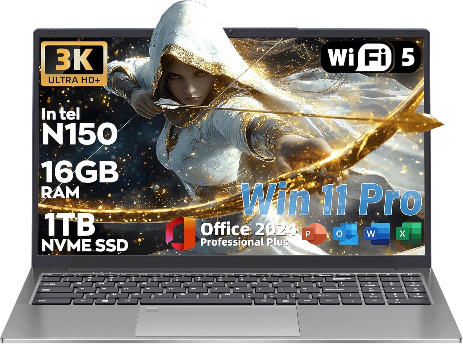 Fsjun Business Student Laptop, 4 Core N150 Processor Up to 3.6GHz, 1TB NVMe SSD, 16GB Ram, 16'' 3K IPS(3072x1920) Display, Backlit Keyboard, Fingerprint Login, USB-C/HDMI/WiFi/6000mAh Battery Notebook