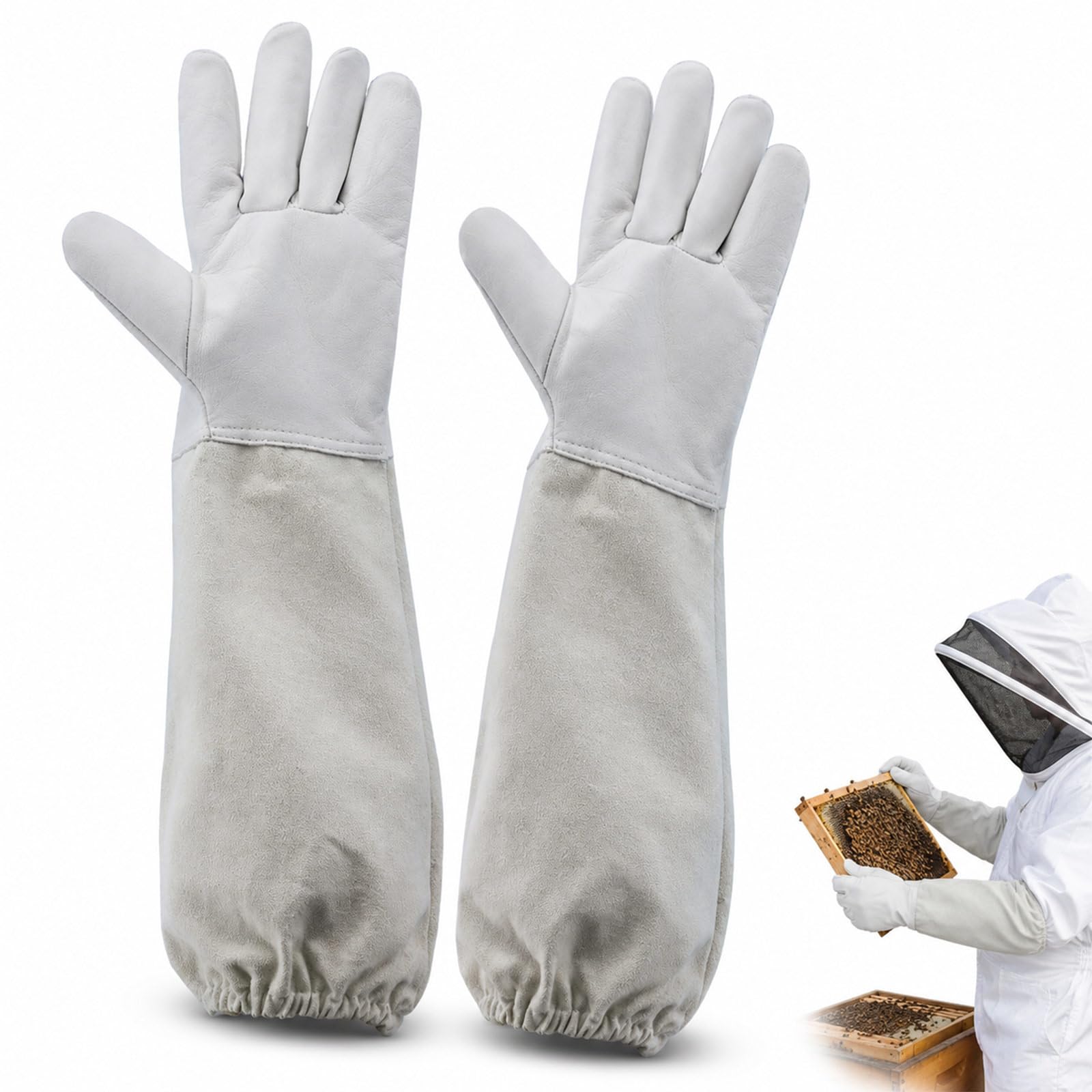 KinetiCore Beekeeping Gloves, Goatskin Leather Protective Beekeeper Gloves with Vented Long Canvas Sleeves, Elastic Cuffs for Sting Protection, Size L