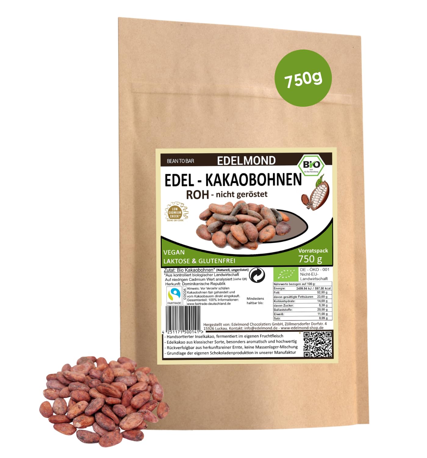Edelmond Rohkost Kakaobohnen Bio 750 g Fairtrade-Zertifiziert Low Cadmium