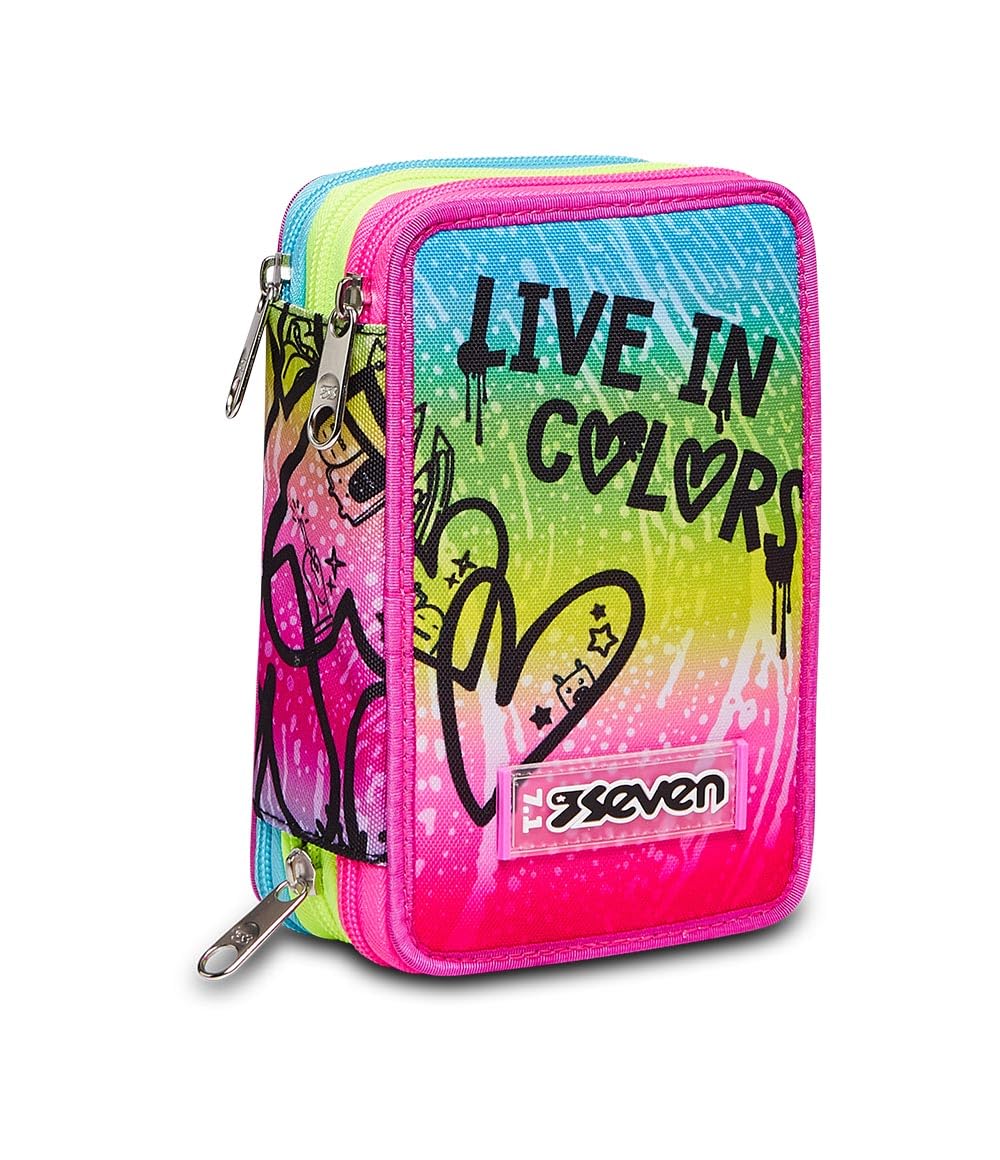 Seven Federmäppchen, Mäppchen, Mehrfarbig, Federtasche für Schreibwaren, Etui komplett mit Bleistiften, Filzstiften, Schulmaterial, mit 3 Fächern, Mädchen, Schule - Grundschule, XXL, Mehrfarbig