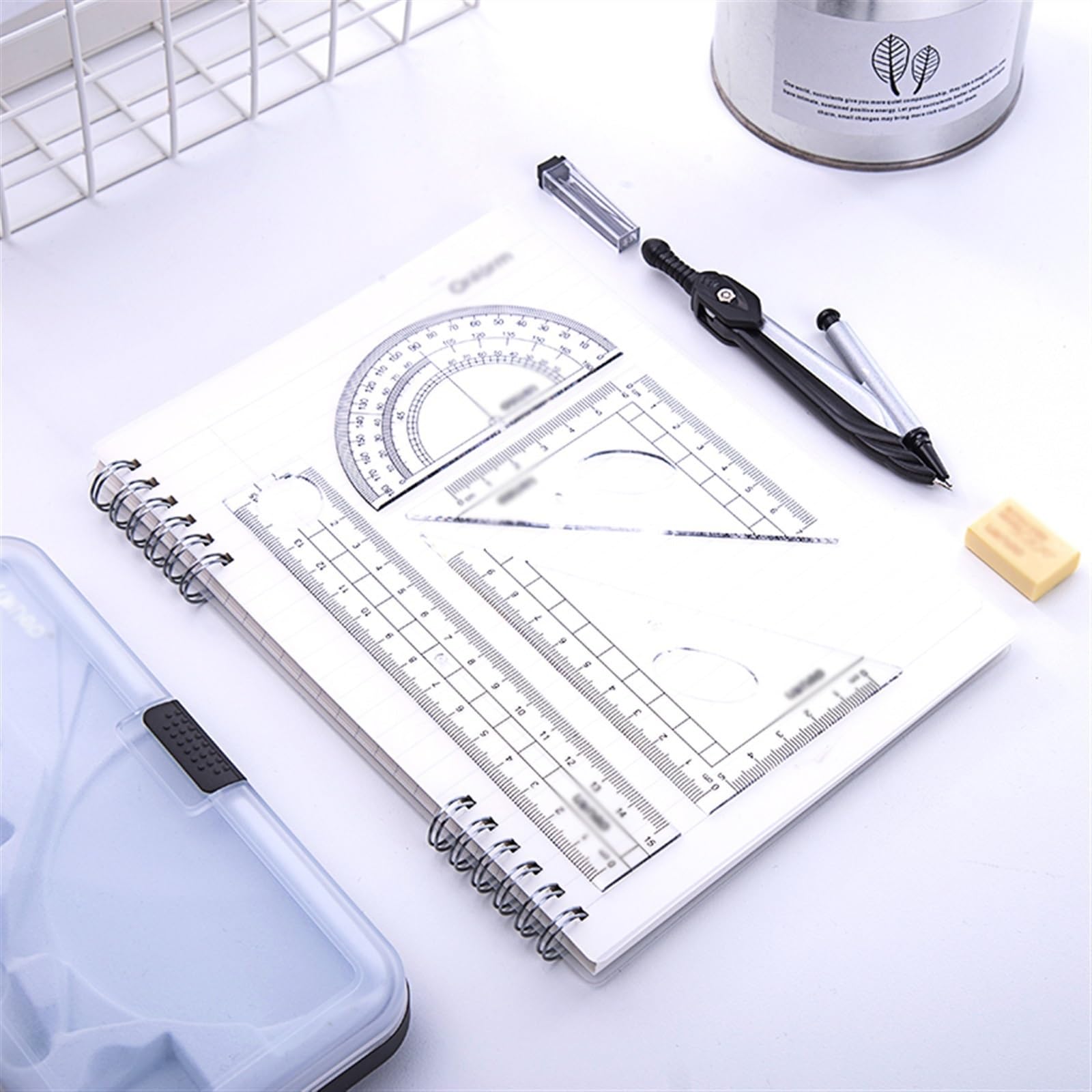 Mathematik-Set, Winkelmesser-Set, Zeichenkompass, Mathematik-Geometrie-Set, 7-teiliges Schülerbedarfsset mit Aufbewahrungsbox, inklusive Lineal, Winkelmesser, Zirkel, Radiergummi, Stiftnachfüllungen f