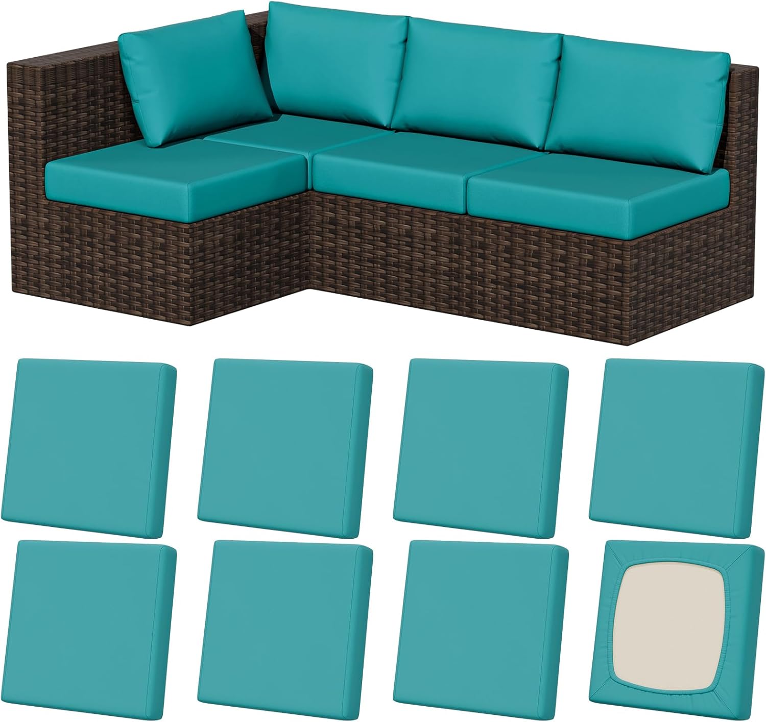 8Pcs Stretch Patio Cushion Covers, Outdoor Couch & Sofa Replacement Slipcovers for Patio Furniture Cushion Covers, Washable Reusable Furniture Protector, Square-Small, Petrol-Blue Petrol-blue Square-small