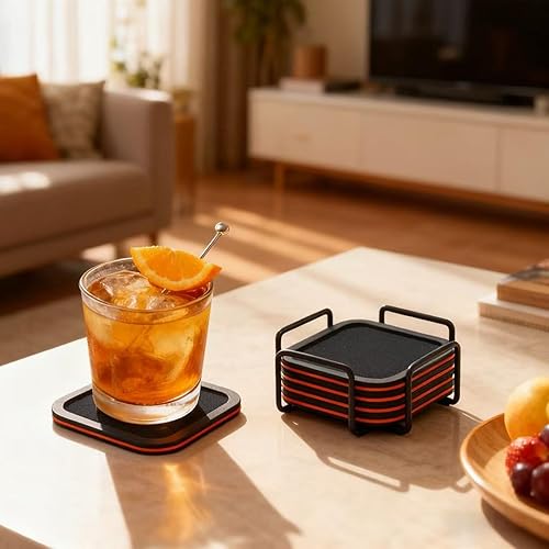 Miniatura 7 de Lexenic Posavasos absorbentes elegantes para bebidas con soporte, tapete de silicona con inserto de fieltro extraíble, antideslizante,