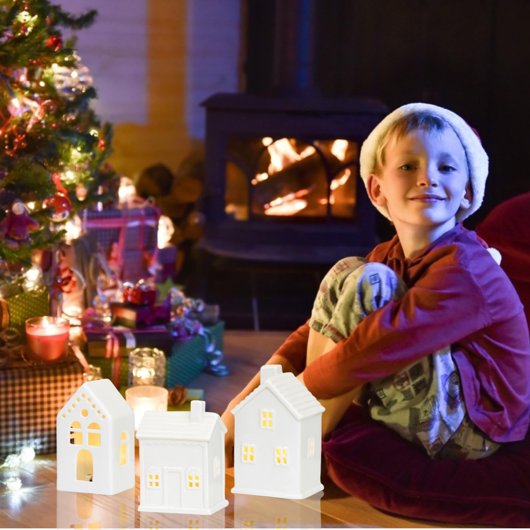 Lot de 3 Maisons de Village Noël Lumineuses en céramique pour Centre Table Noël, décoration d'intérieur Vacances, céramique