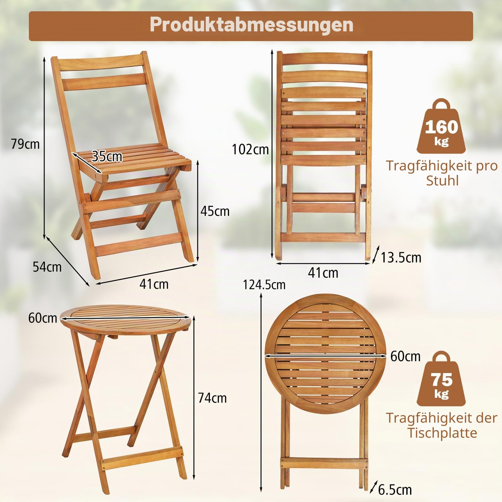 GIANTEX Balkonmöbel Kleiner Balkon, Bistrotisch mit 2 Stühlen, Gartenmöbel Set Holz klappbar, Balkonset Bistroset Outdoor, Terrassenmöbel 2 Personen, Garten Sitzgruppe Sitzgarnitur Gartengarnitur
