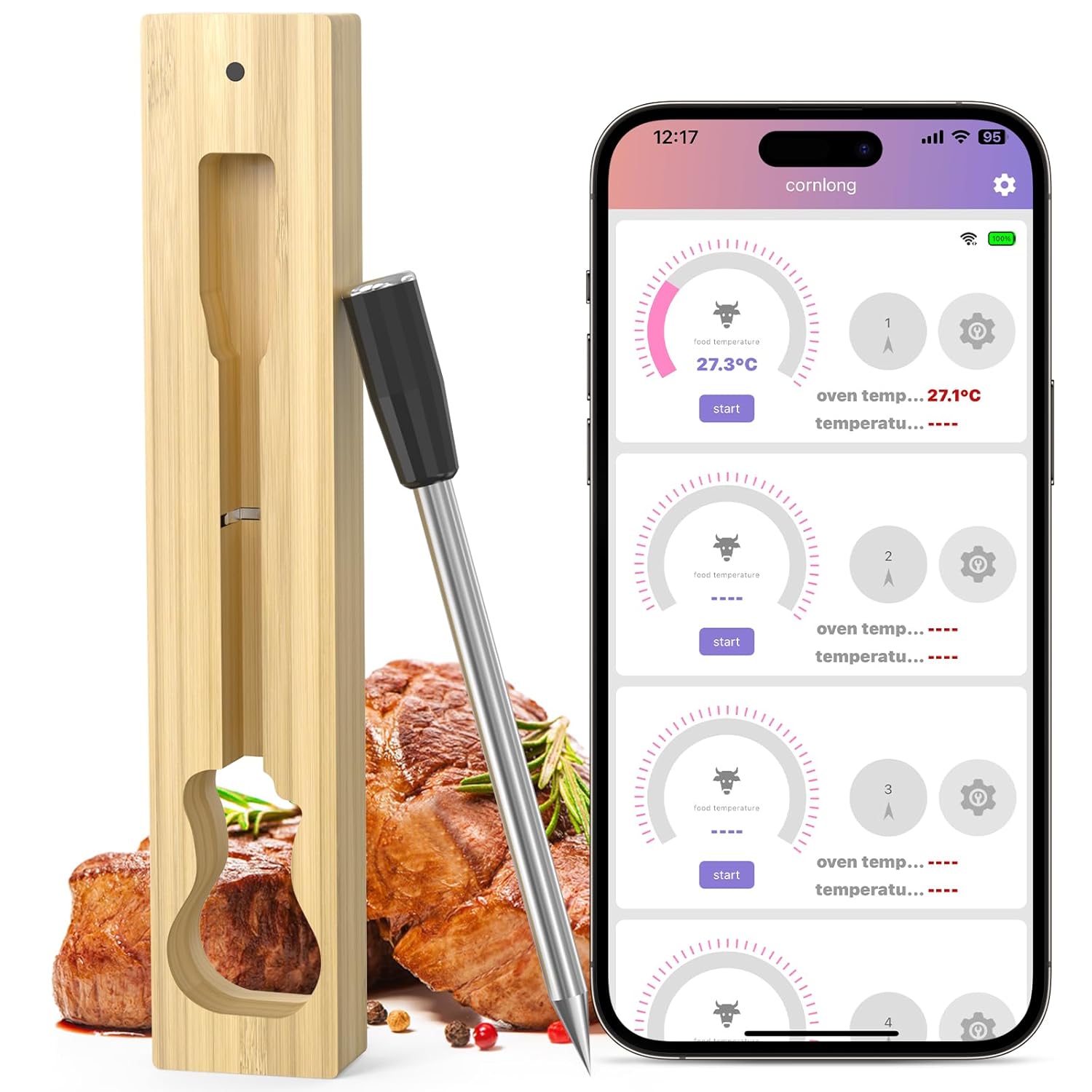 Wireless Meat Thermometer Digital: Smart Multi Sensors Accuracy Bluetooth WiFi Food Thermometer (Matte Black/Stainless Steel)