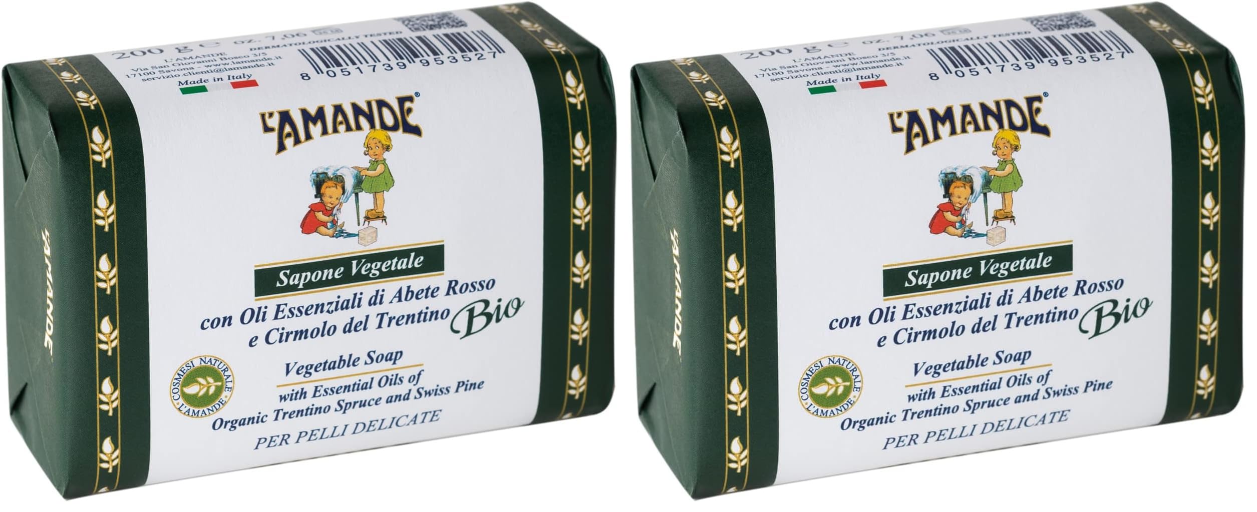 L'AMANDE - Sapone Mani Vegetale Delicato per Pelli Sensibili ad Azione Rilassante, Tonica e Dermopurificante - Detergente Idratante Profumata all'Abete Rosso e Cirmolo del Trentino, 200 gr