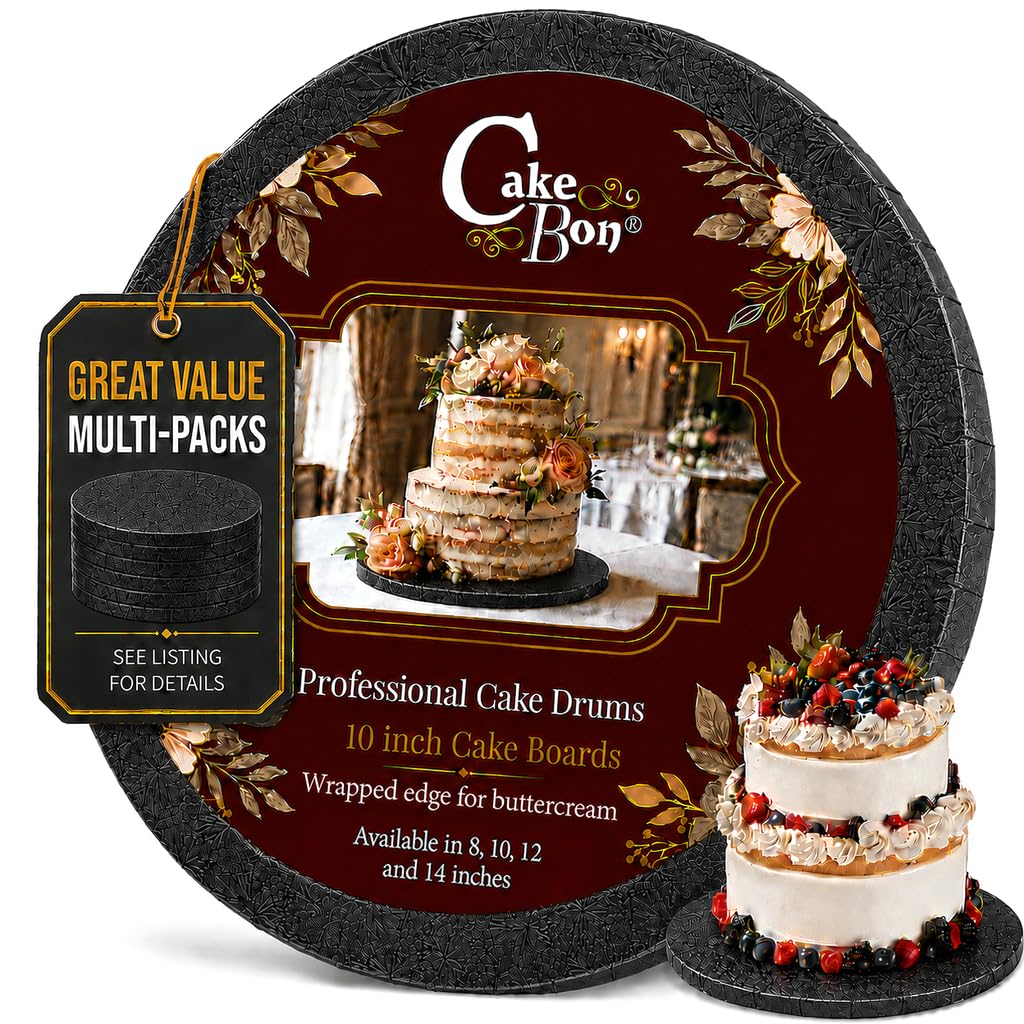 Cakebon Cake Boards 10" Black Round Cake Drums 1/2" Wrapped Edge 3Pack