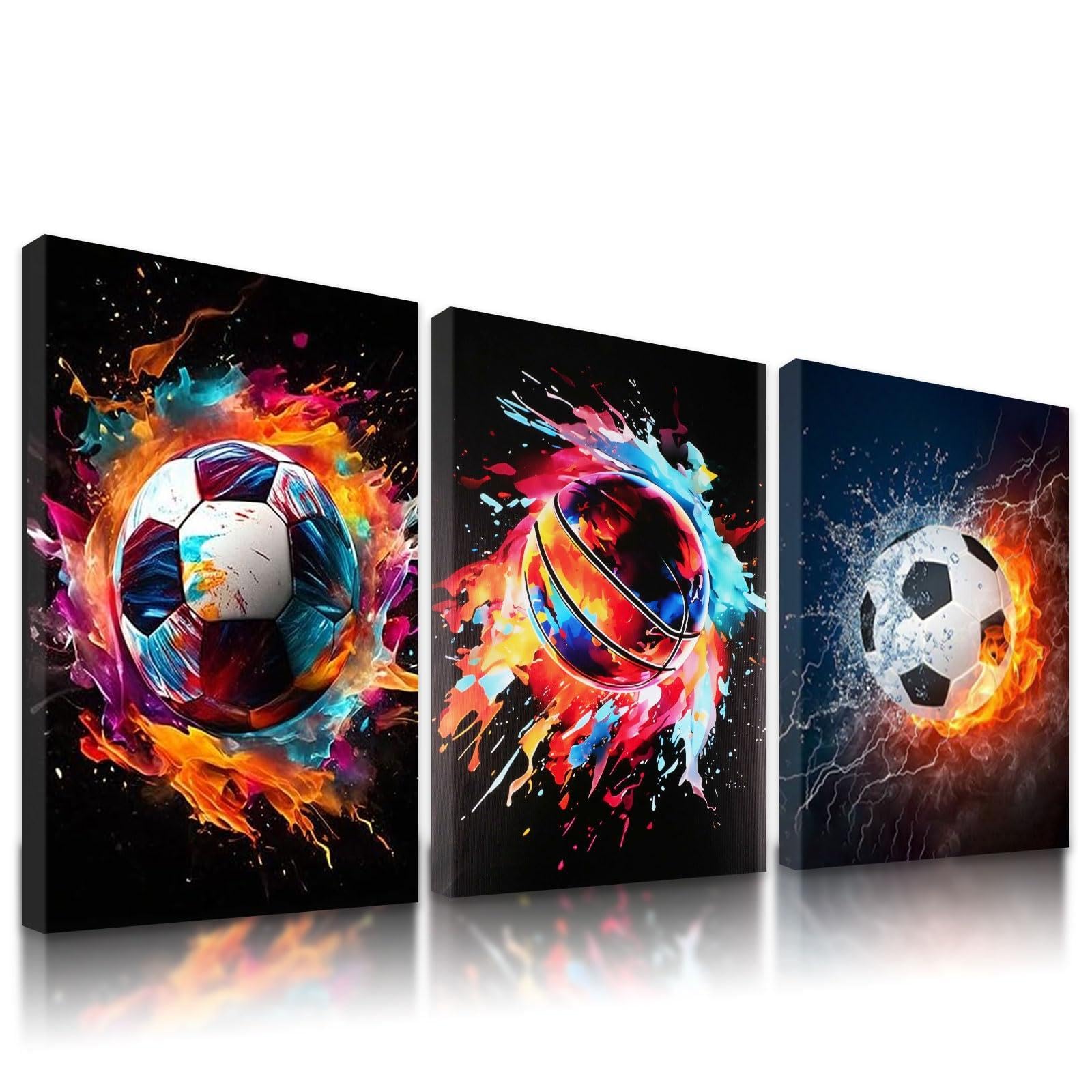 KiKiHong 3 Pcs Framed Football Basketball Wall Art,Football Room Wall Decor