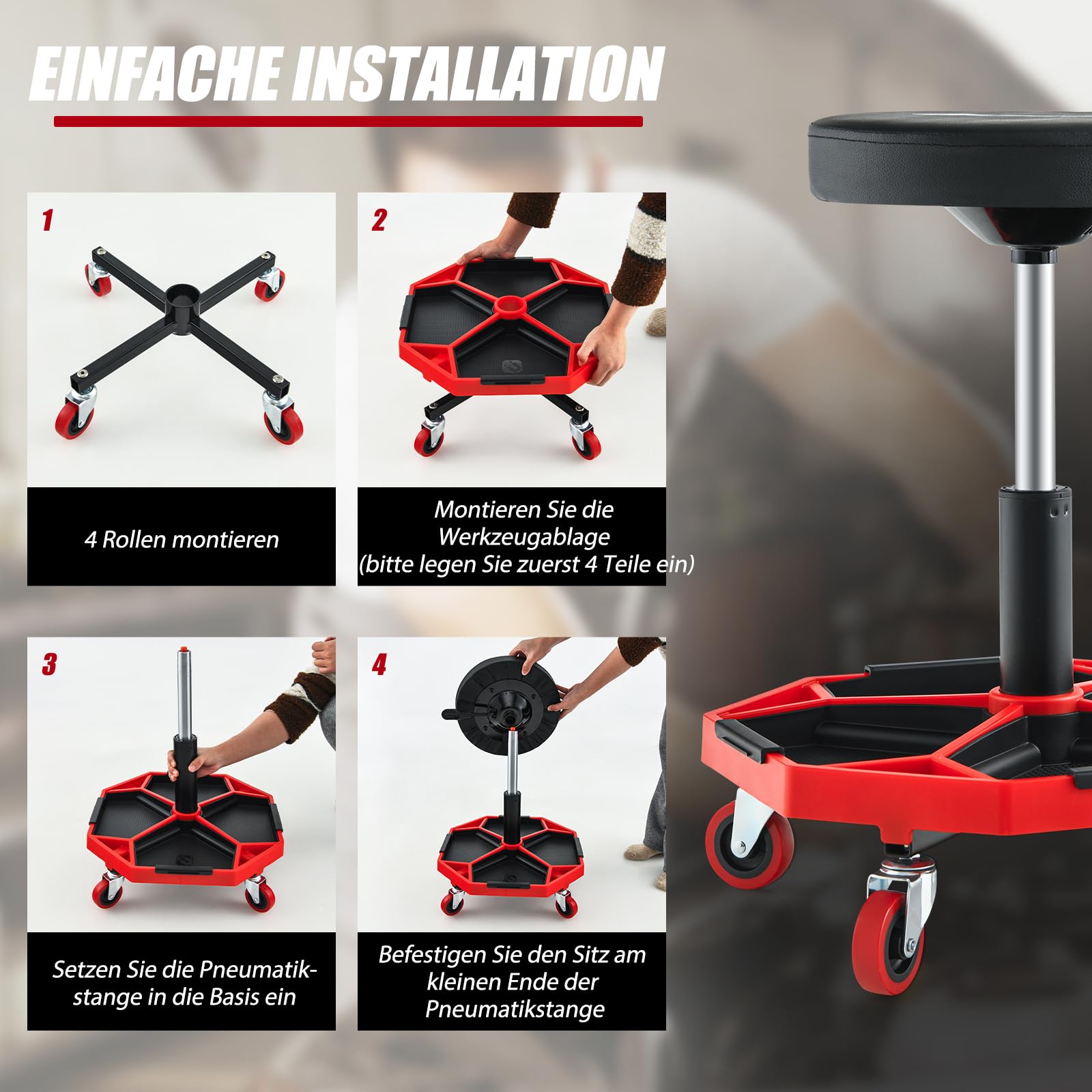 SOARS Sgabello da officina con ruote, regolabile in altezza, 41-55 cm, con ripiano magnetico rimovibile, portata fino a 150 kg