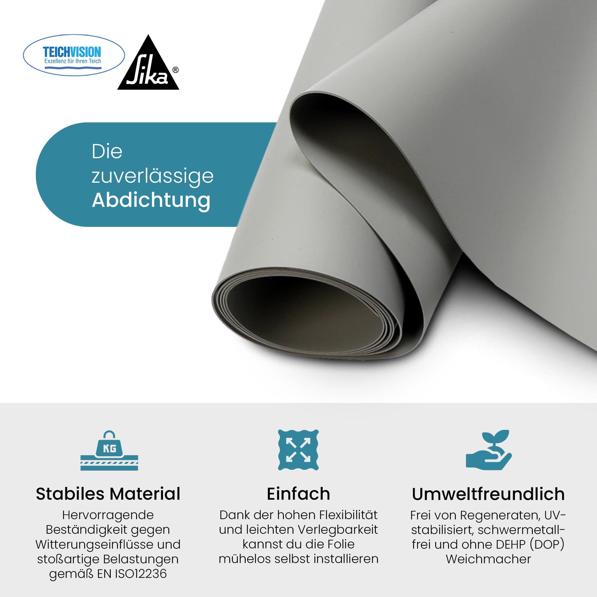 TeichVision - Premium PVC Teichfolie hellgrau - Stärke 1 mm - 2 m x 0,5 m/PVC Folie grau geeignet für Teiche, Biotope, Naturschwimmbäder