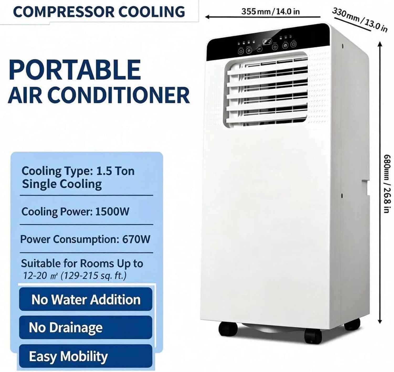 Przenośny klimatyzator 9000 BTU 4w1 do 20 m², tryb wentylatora i snu, wbudowany osuszacz, 24h timer, klasa energetyczna A