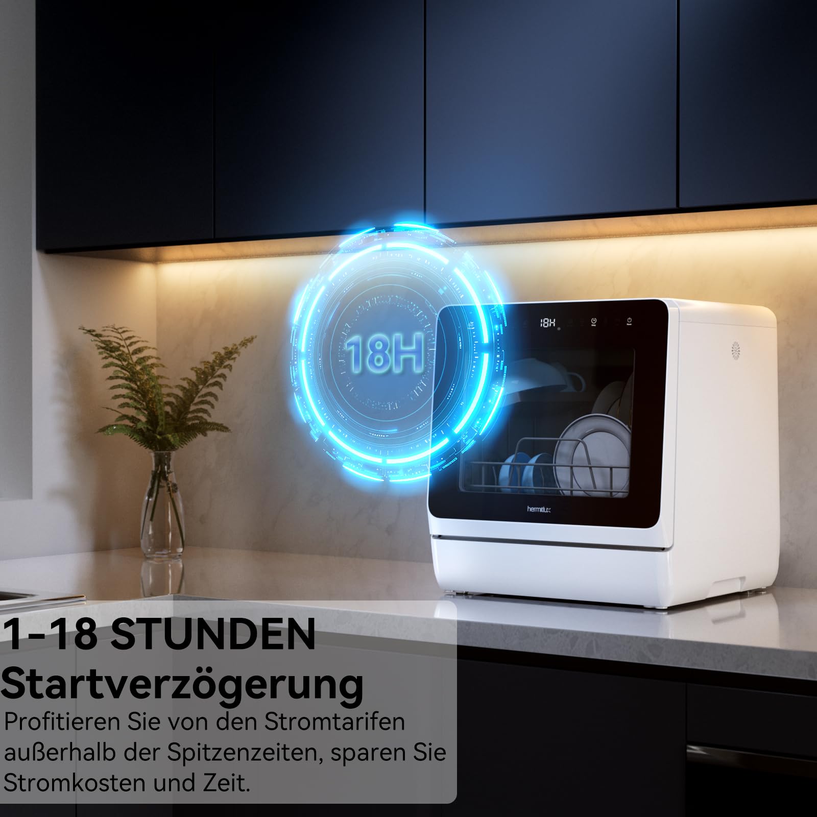 Hermitlux Tischgeschirrspüler Mini Spülmaschine 7+3 Programme 5 Maßgedecken 5L Wassertank Startverzögerung Kindersicherung
