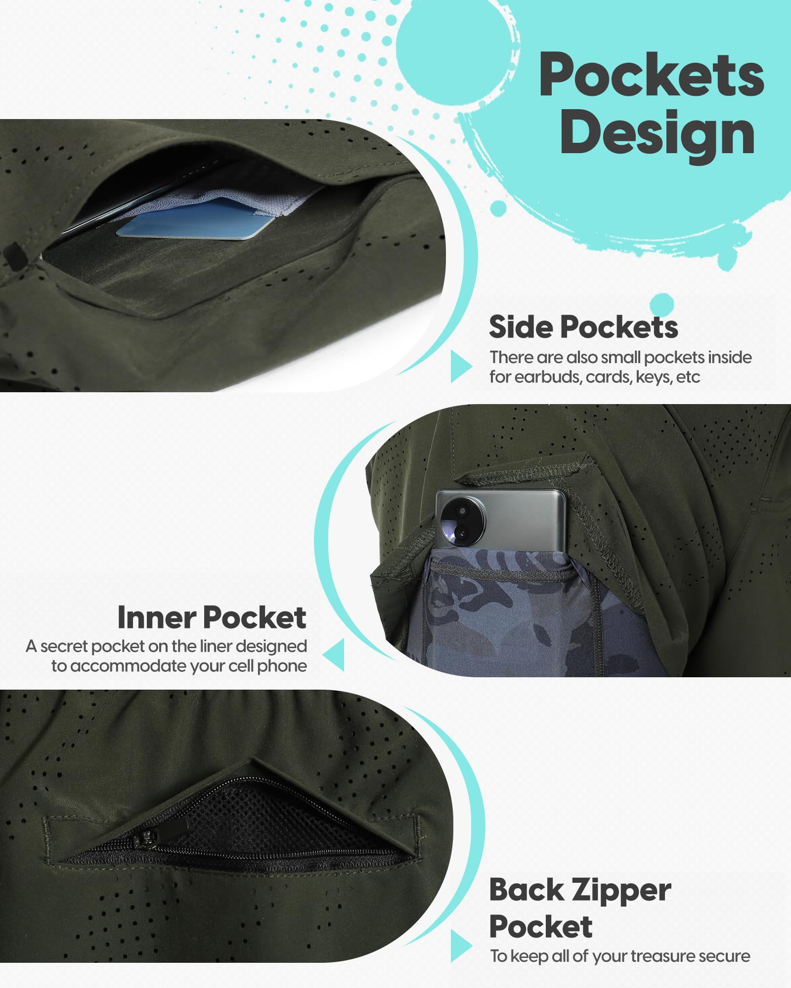 MaaMgic Pantalones cortos de correr 2 en 1 para hombre, con bolsillo para el móvil, de secado rápido, pantalones cortos para correr, fitness, entrenamiento, atléticos