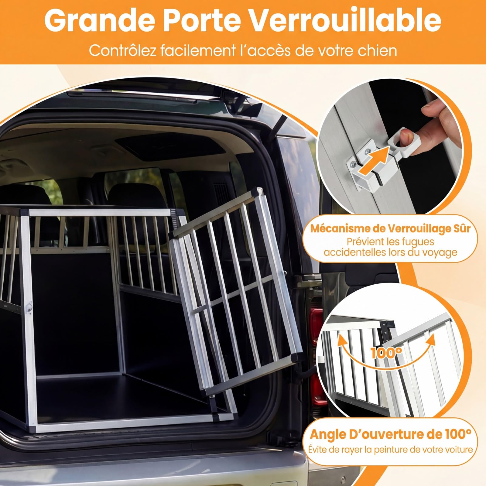 COSTWAY Caisse de Transport pour Chien en Aluminium, Porte Fermeture Sécurisée, Cage Chien Voiture Trapézoïdal, Cage Anti-Morsure pour Chiots Petites Moyens pour Camping et Camion (91 x 65 x 69,5 cm)