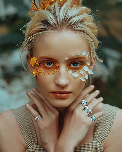 Vista 4 de Juego de 48 anillos de turquesa vintage, nudillos plateados, occidentales, bohemios, ovalados con piedras preciosas midi apilables para mujer