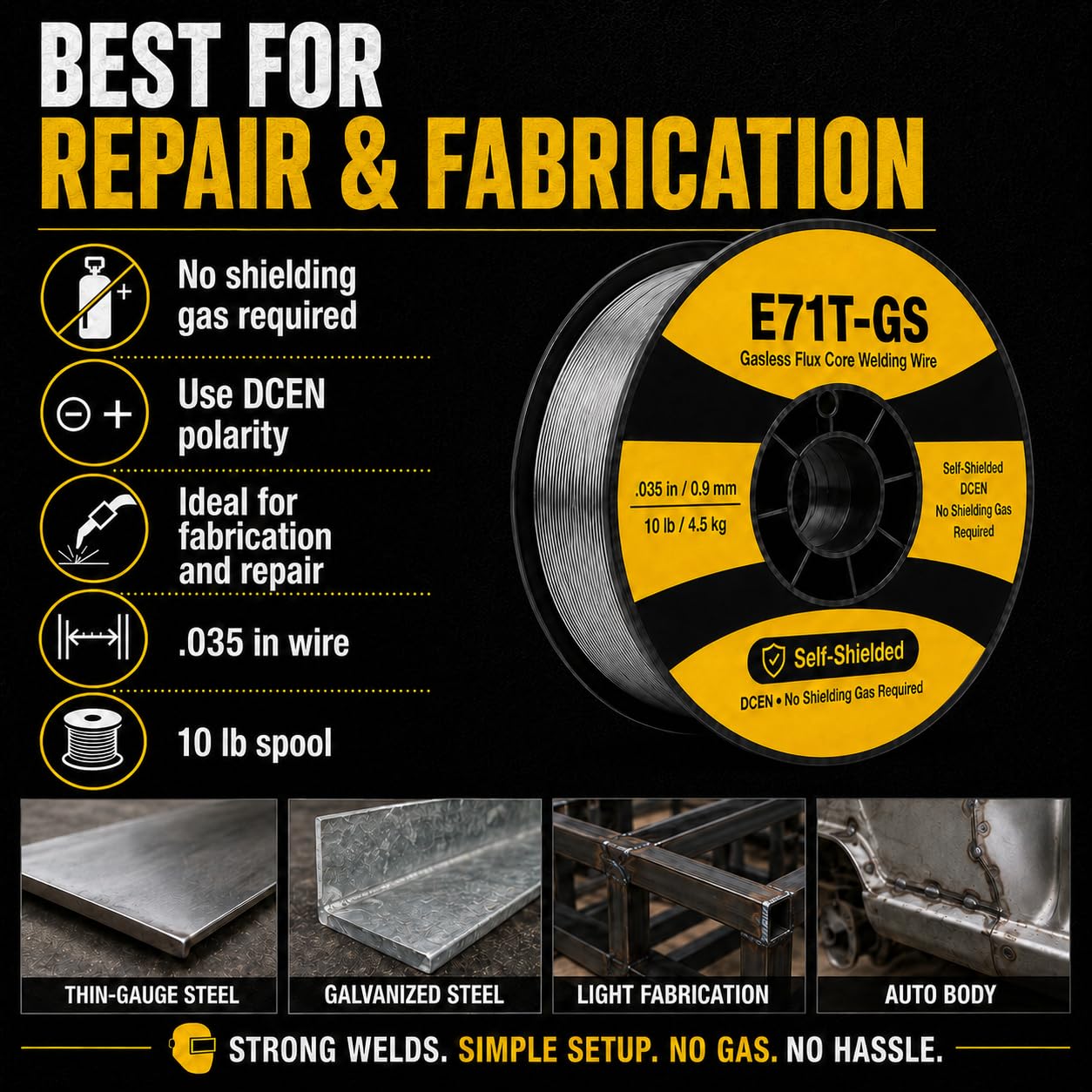 E71T-GS - Alambre de soldadura MIG de núcleo de flujo de 0.35 pulgadas x 10 libras, acero al carbono suave sin gas, compatible con soldadores Lincoln, Miller, Forney y Harbor Freight, alambre