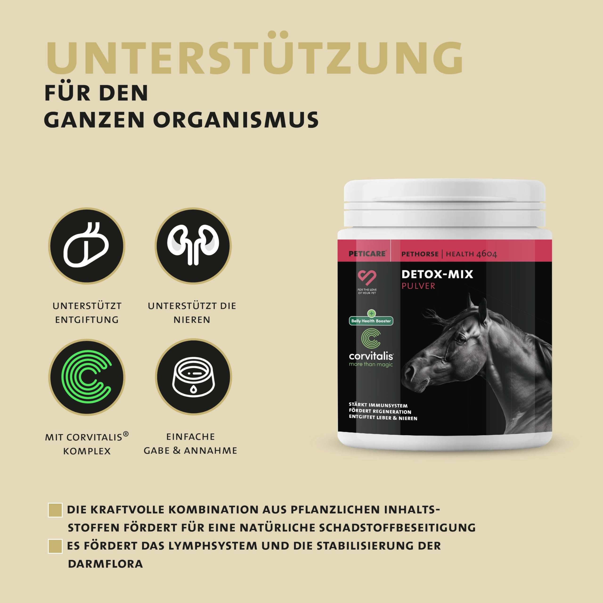 Peticare Detox-Mix Pulver für Pferde | Unterstützt Leber & Nieren, Darmfunktion | Natürliche Entgiftung für Pferde & Ponys | Pflanzliche Inhaltsstoffe, MSM & Vitamin B6 | petHorse Health 4604