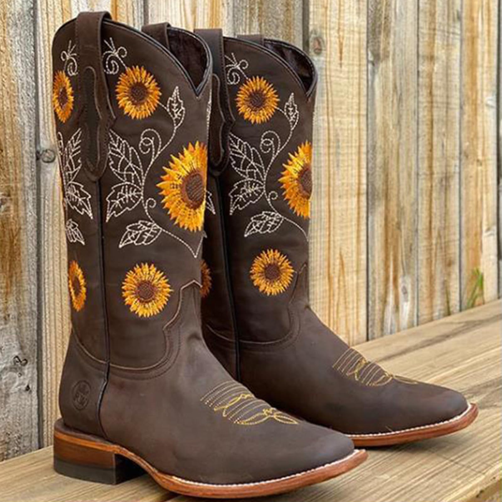 FGRID Damen-Westernstiefel mit Sonnenblumen-Stickerei, modischer Cowgirl-Stiefel aus Kunstleder mit quadratischer Zehenpartie, Winterstiefel mit breiter Wade und schmaler Zehenpartie