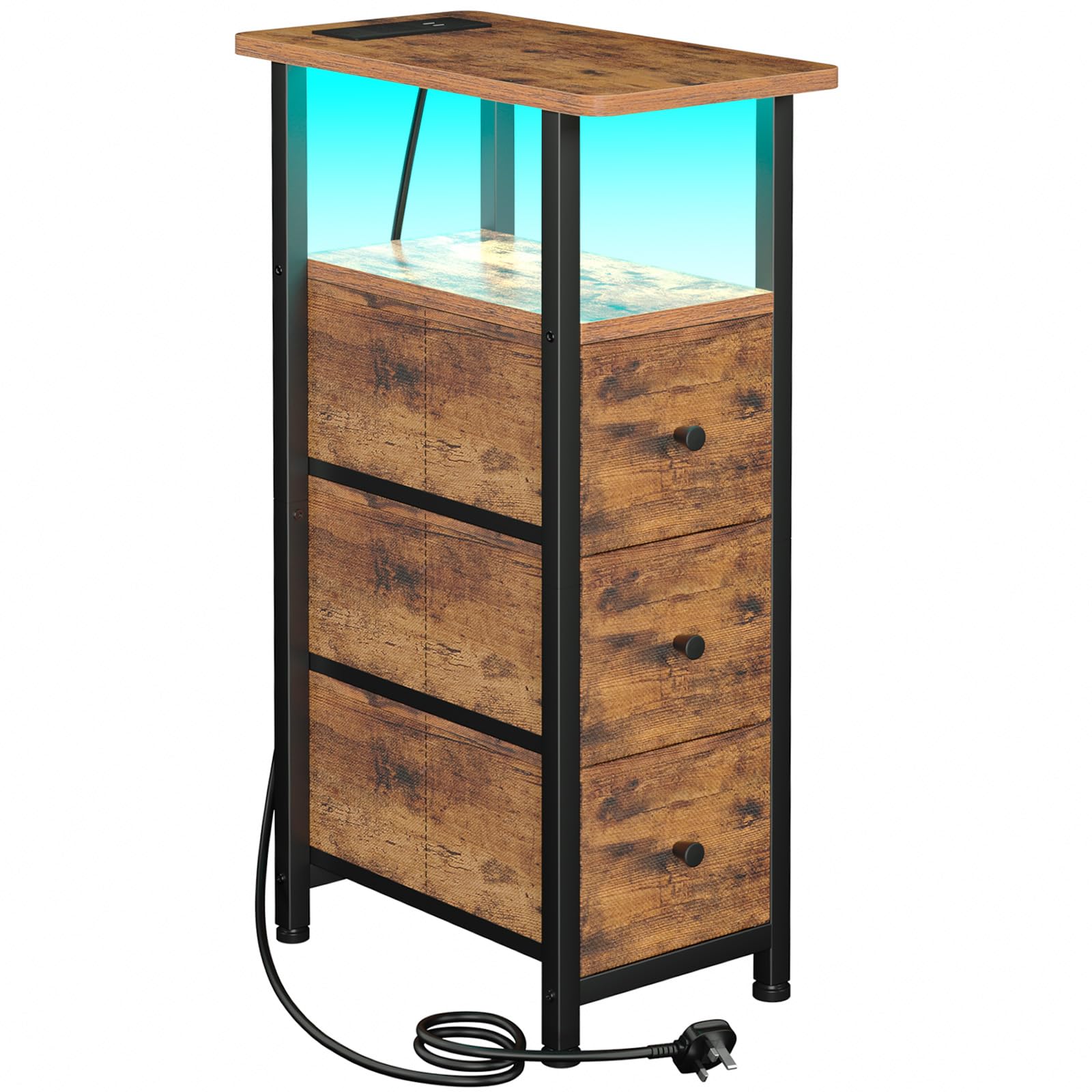 LOAKEKEL Slim Bedside Table with Charging Station, Narrow Side Table with LED Light, Sofa Table with 3 Fabric Drawers, End Table, Nightstand for Small Spaces, Living Room, Rustic Brown UHETNDP03LPBR-1
