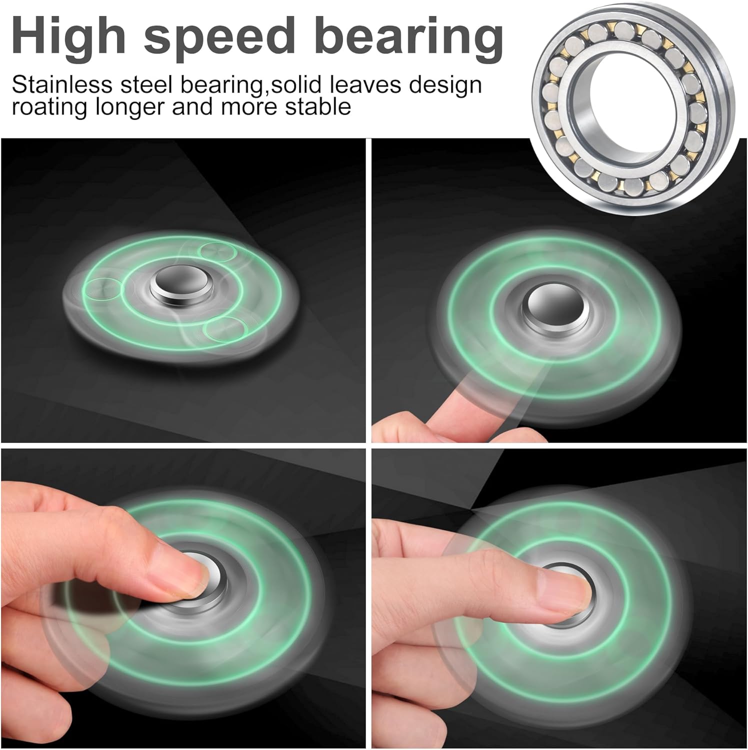 ATESSON Metal Light Up Fidget Spinner Toys, Durable Stainless Steel Bearing High Speed Silent with Fluorescent Precision Focus Anxiety Stress Relief Boredom Fidget Spinners for Kids & Adults Silver