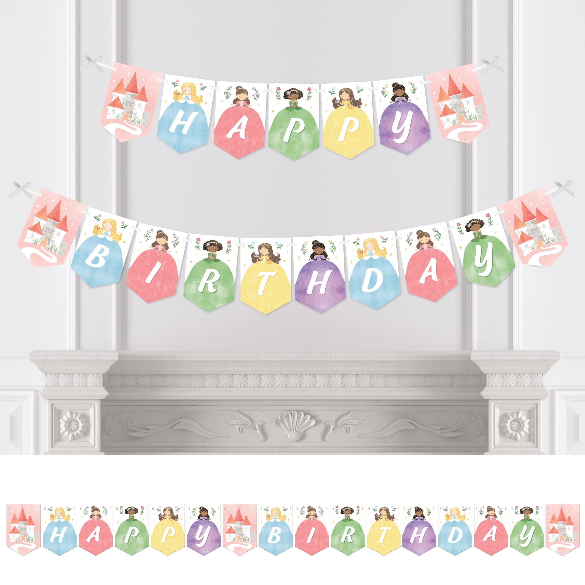 Big Dot of Happiness Princess Happy Birthday Party Banner, Pastel Colorful Princess Dress Characters Party Decorations - Happy Birthday Bunting Banner