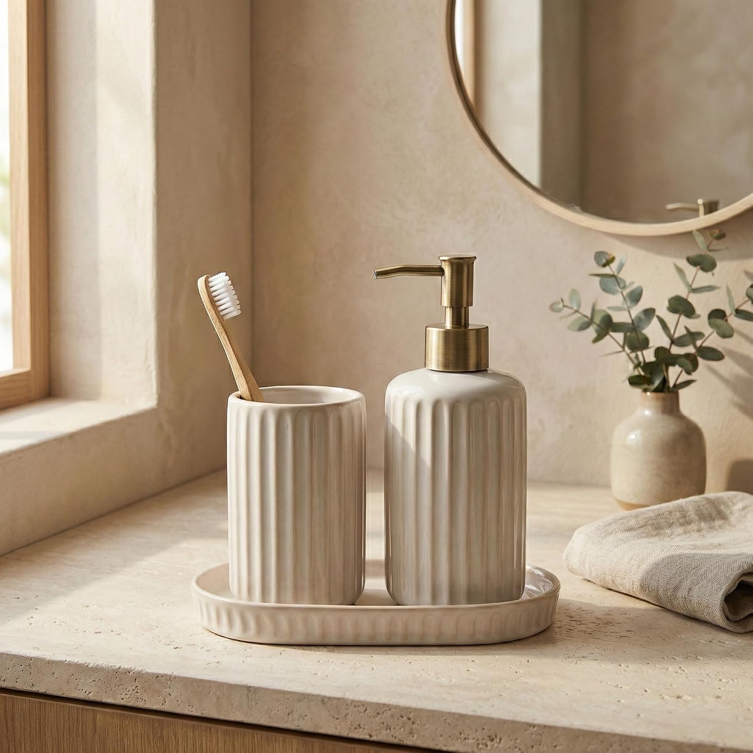 Sand White Ceramic Soap Dispenser with Brushed Gold Pump, 13oz
