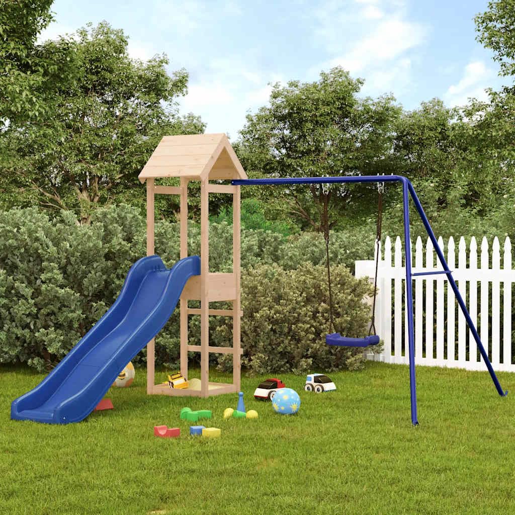 Spielturm Massivholz Kiefer mit Schaukel, Rutsche, Klettergerüst und Sandkasten Garten Spielhaus für Kinder, Outdoor Spielplatz mit Nestschaukel, Trapez, Turnring und wetterfestem Gestell