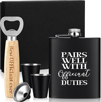 SiliFine Officiant Gift for Wedding Day Men Stainless Steel 7 oz Hip Flask 2 Shot Glasses Convenient Funnel Bottle Opener Officiant Proposal Gift Wedding Party Thank You Present SetBlack