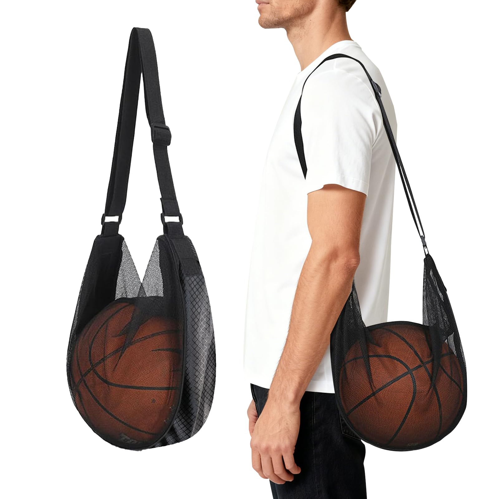 FOSLXIN Mesh Bag for Balls, Basketball Backpack Net Bag, Portable Single Shoulder Basketballs Bags, Mesh Carry Net Bag with Shoulder Strap, Storage Bag for Football, Basketball, Volleyball (Black)