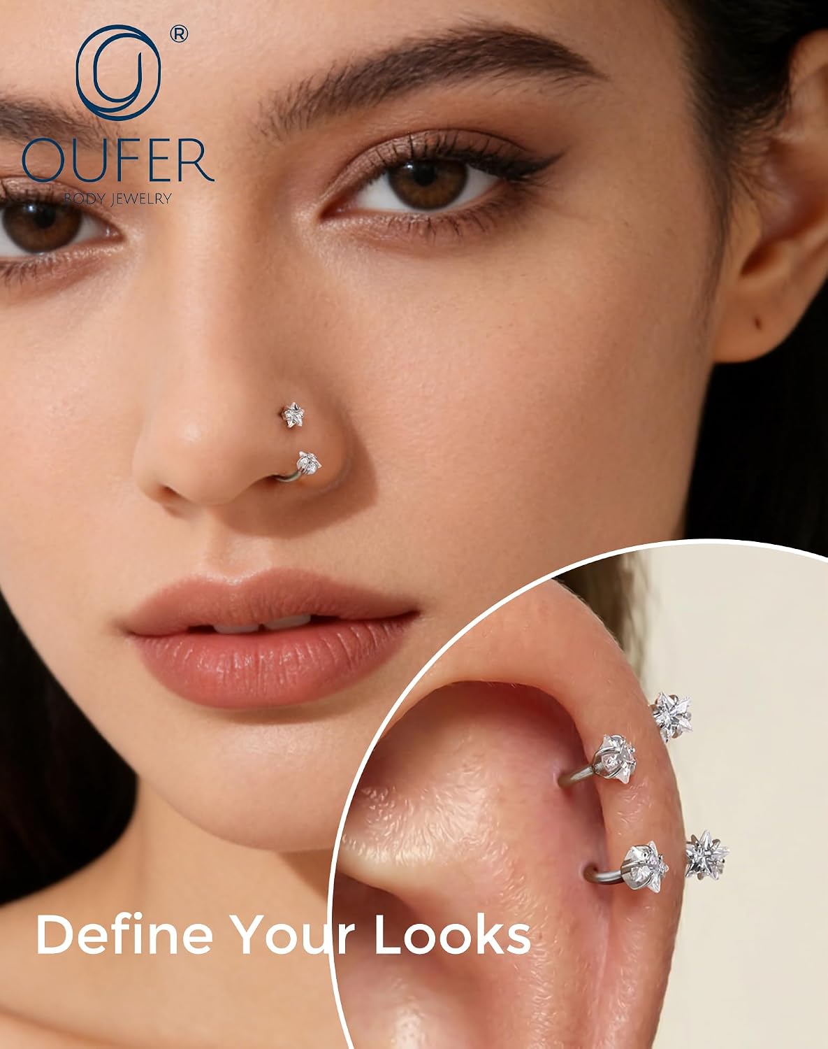 OUFER 20G Star Push Pin Horseshoe Nose Rings 316L Surgical Stainless Steel CZ Threadless Septum Ring 7mm 8mm Inner Diameter with Bonus Replacement Top Helix Tragus Conch Lip Piercing Jewelry for Women