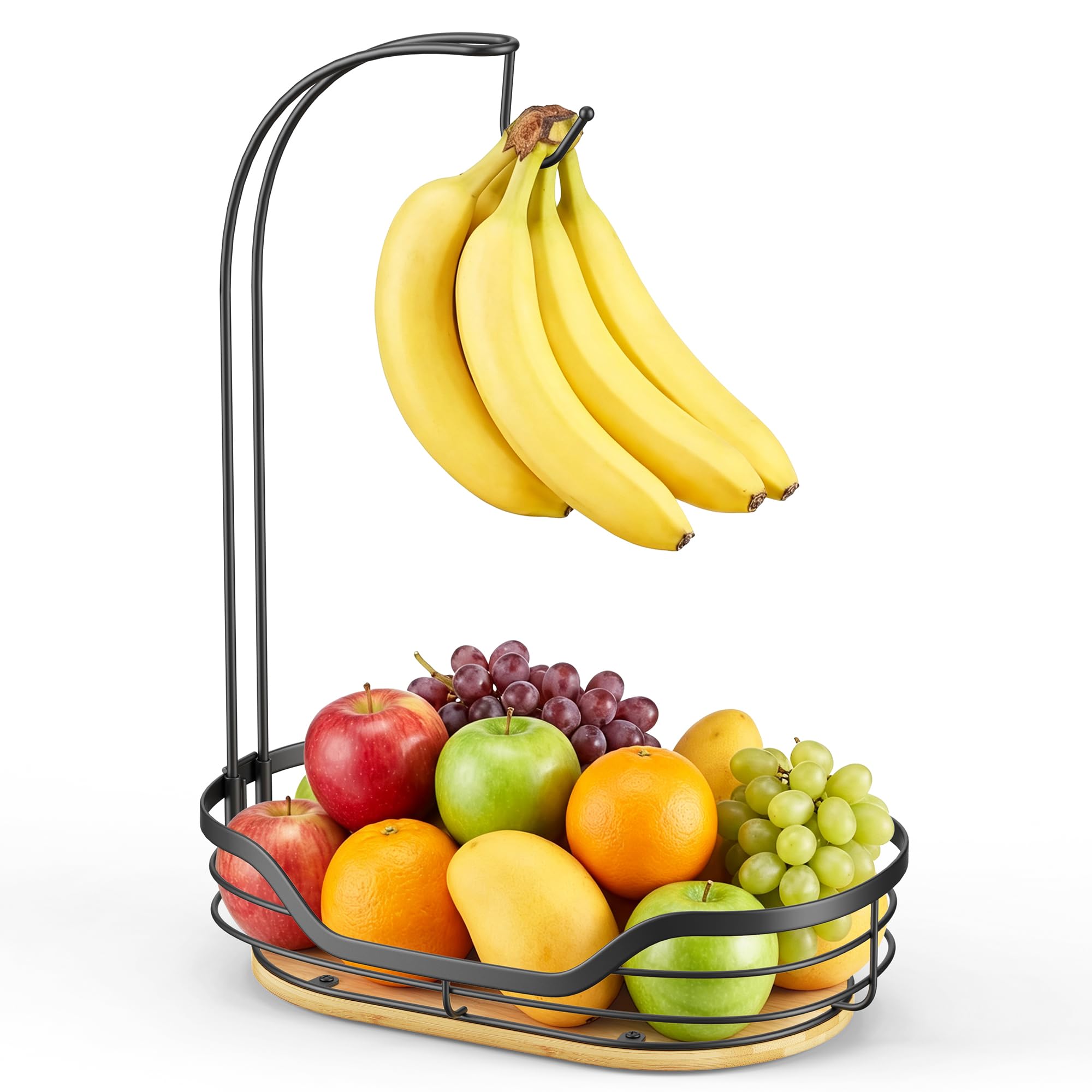 OETAMS Fruit Bowl Basket with Banana Hanger Hook, Kitchen Countertop Organizer for Fruits, Vegetables, Snacks, Vintage Style Stand, Bamboo Base Metal Storage Rack Black 1-Tier