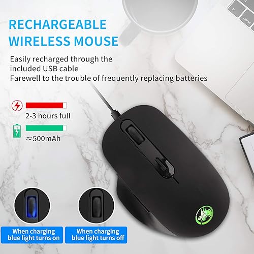 Miniatura 3 de Greshare Mouse para juegos, ratones ópticos de 2.4 GHz con conexión inalámbrica Bluetooth de modo dual RGB colorido luminoso para