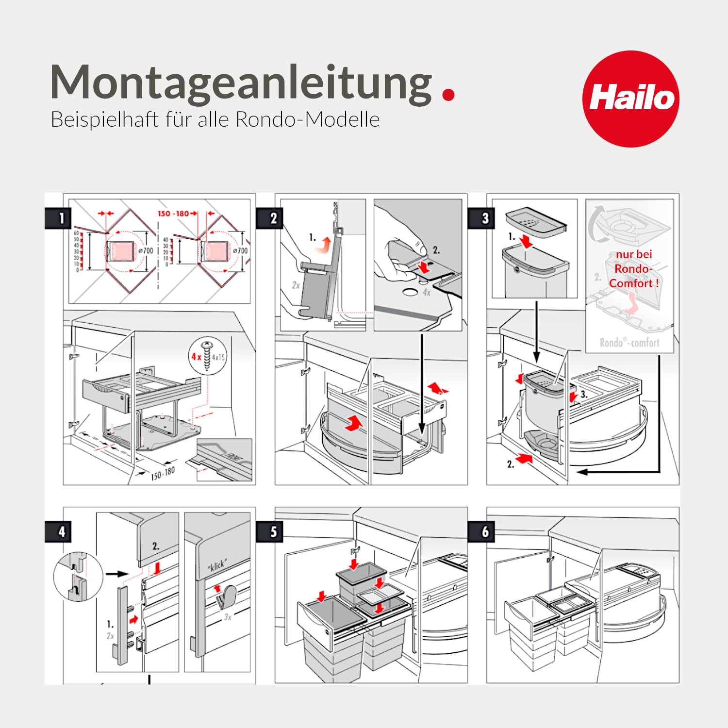 Hailo Abfallsammler Rondo | Eckabfallsammler für 90x90 Eckunterschrank | mit 2x 18 L Inneneimer Multifunktionseimer Seitenschalen | 360 Grad komplett drehbar | Hellgrau