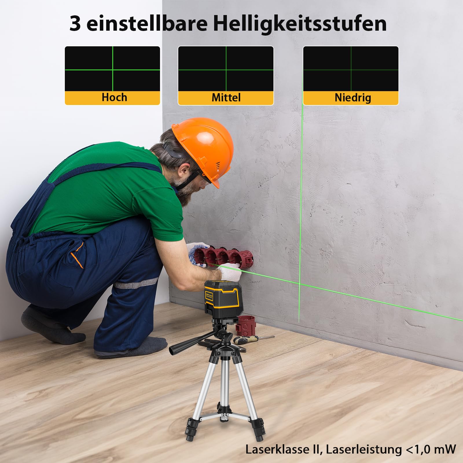Kreuzlinienlaser mit Stativ,ASOBRIS Laser-Wasserwaage Selbstnivellierend Linienlaser Grün, Vertikale und Horizontale Laser Level für Baustellen und Heimwerkerprojekt Batterie Enthalten (Dunkelgelb)
