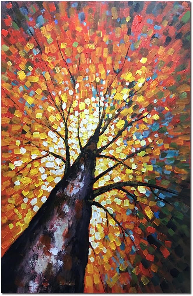 Fasdi Art 24x36inch Oil Painting Orange Tree 3D Hand-Painted On Canvas Abstract Artwork Flower Garden Art Wood Inside Framed Hanging Wall Decoration