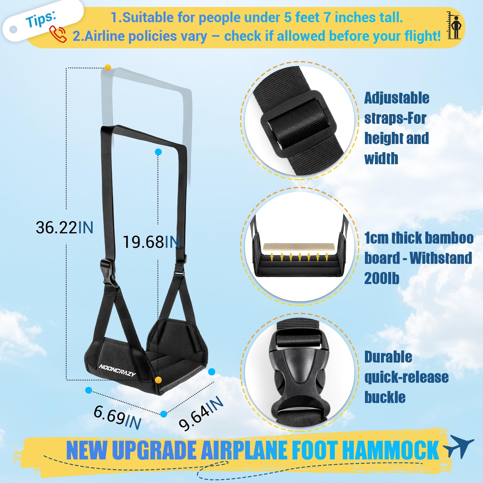 Airplane Foot Hammock, No Collapse Foot Rest for Plane Travel with Extended Adjustment Strap, Portable Desk Foot Hammock with Thickened Foam, Foot Sling Travel Essentials to Relax Your Feet