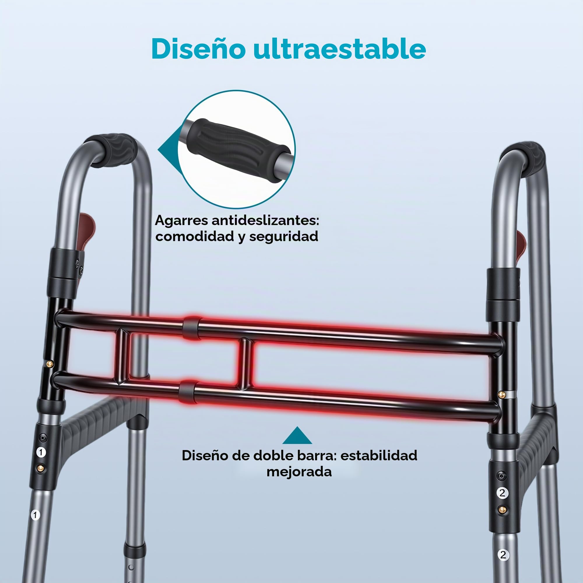 Careboda Marco plegable con diseño de barra doble, plegable y portátil con ruedas fijas de 12,7 cm, altura ajustable y función de disparador, para personas mayores y adultos