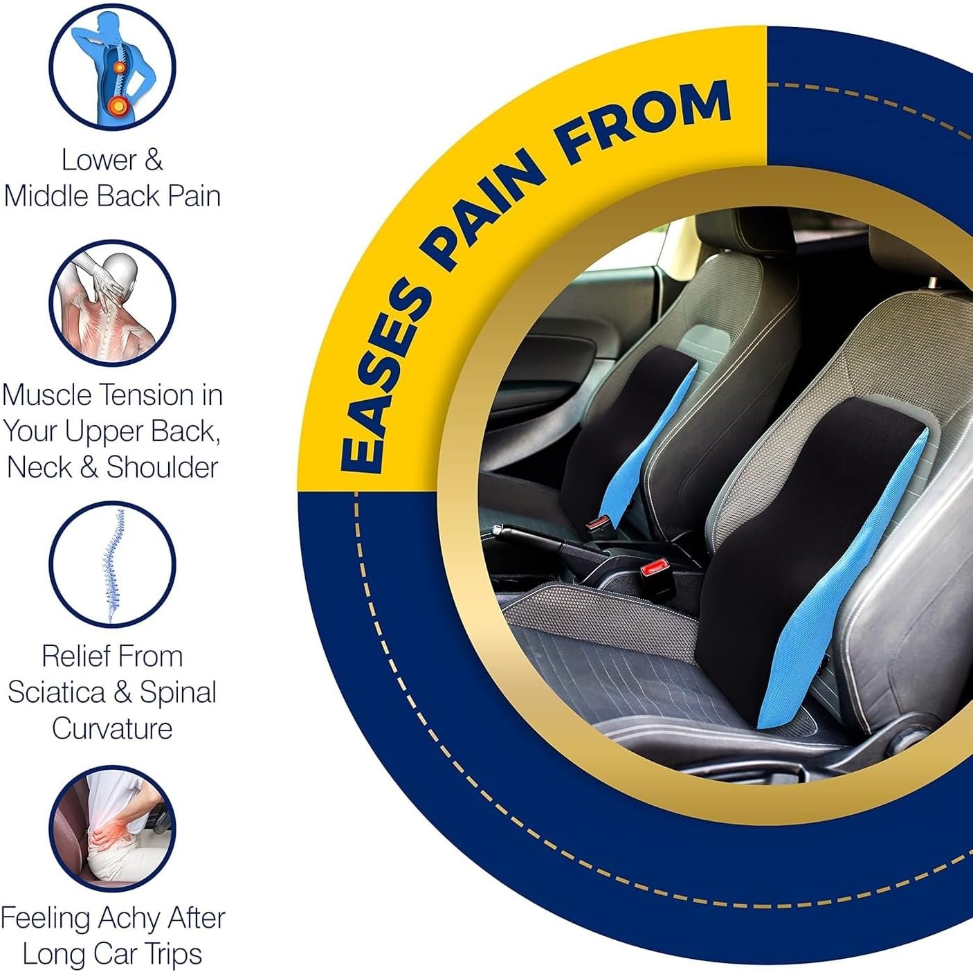 Saini_MEDICOS Orthopaedic Lumbar Support Back Rest for Chair Car/Back Support Pillow for Car, Gaming Chair, PU FoamBack Pain Improve Posture, Adjustable Straps (Blue)