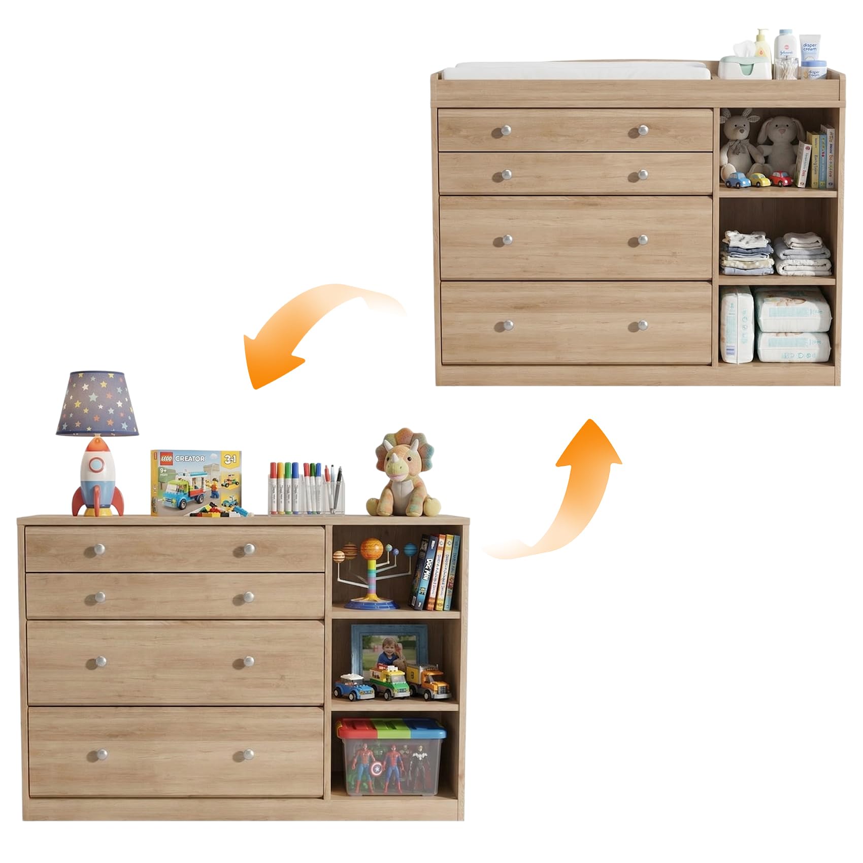 Changing Table Dresser for Nursery, 47.2”L Baby Dresser with 4 Drawers & Adjustable Open Shelves, 2-in-1 Diaper Changing Station with Removable Topper & Drawer Organizer, Natural Wood — view 5