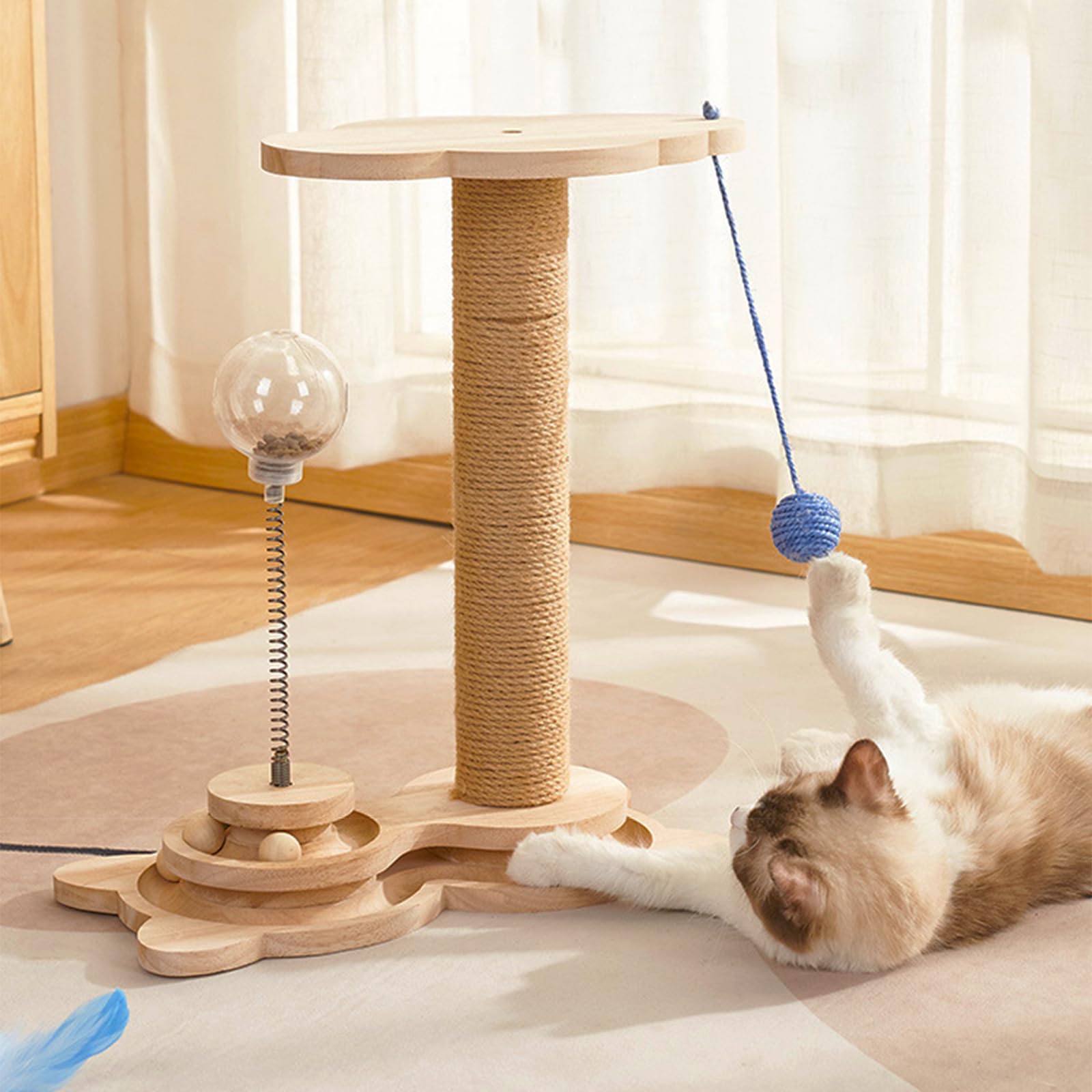 4 IN 1 Kratzsäule für Katzen, Hölz Katzenkratzbaum Sisalseil Katzenspielzeug mit Hängendem Ball, Leckerli Ball, Lagiger Drehteller, Futterkugel Intelligenzspielzeug für Wohnungskatzen