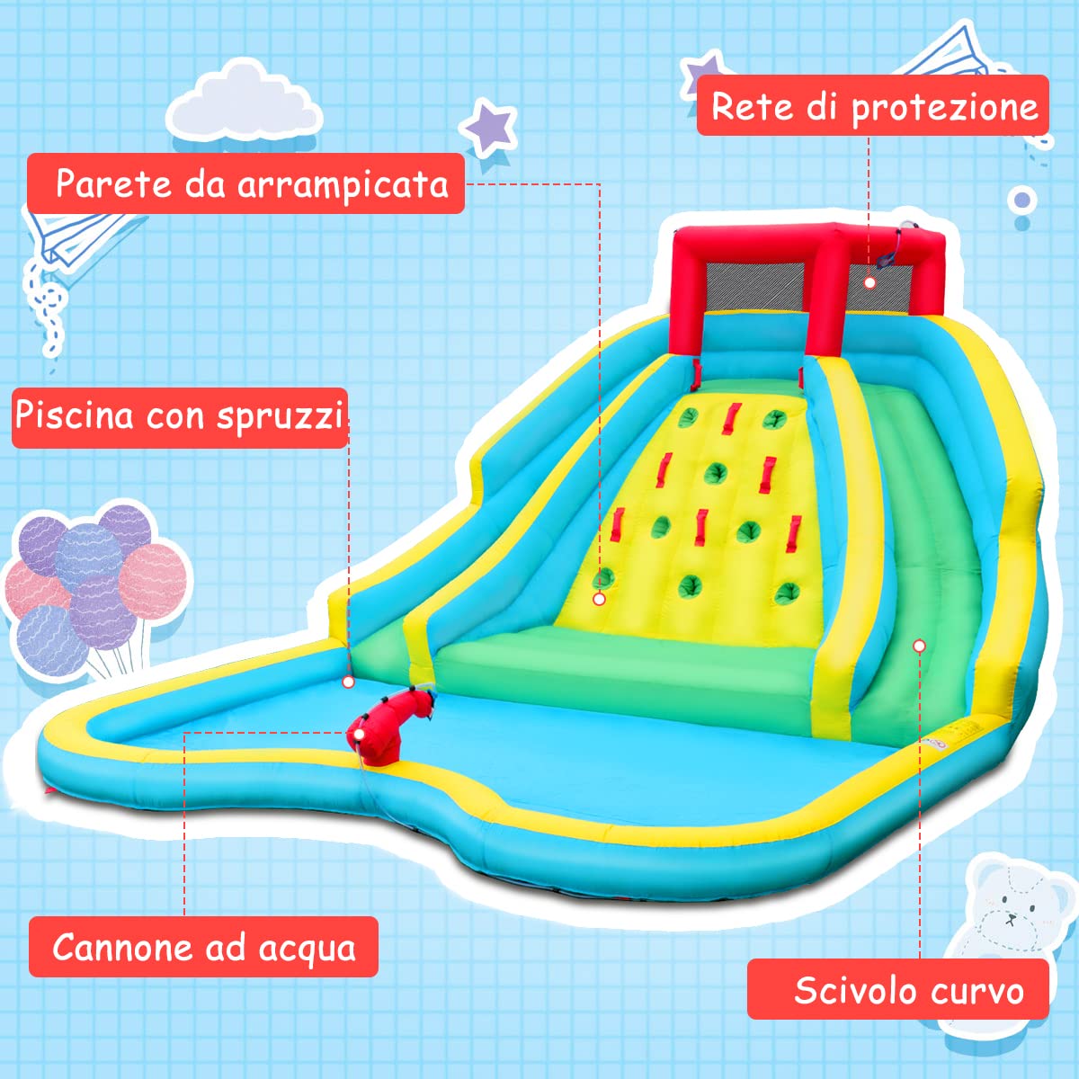 COSTWAY Castello Gonfiabile per bambini, Casa Gonfiabile con Scivolo, Piscina, con Borsa di Trasporto, Soffiatore e Kit di Riparazione, per 5 Bambini di 3-12 Anni, 465 x 500 x 200 cm