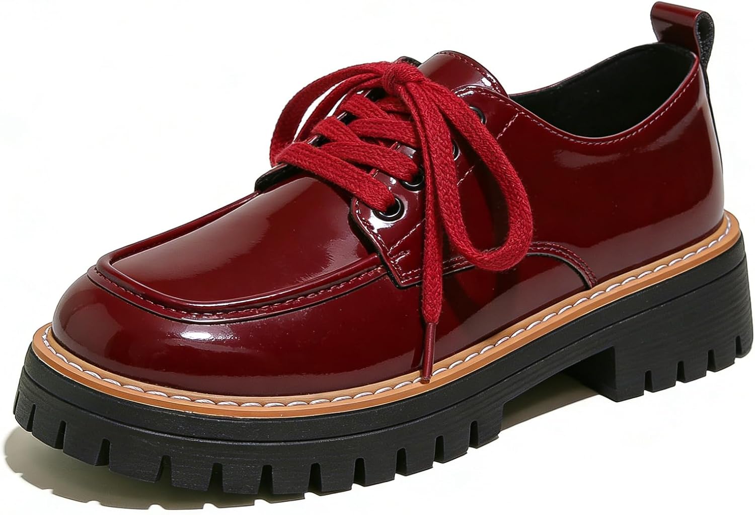 Women's Leather Platform Chunky Heel Oxfords Fashion Round Toe Handmade Lace-Up Loafers Comfort Casual Business Dress Shoes for Office Work Daily