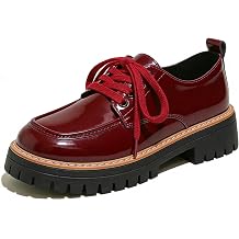 Womens Leather Platform Chunky Heel Oxfords Fashion Round Toe Handmade Lace-Up Loafers Comfort Casual Business Dress Shoes for Office Work Daily
