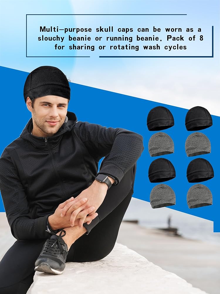 8 Pack Cotton Skull Caps / Beanie Helmets Liners For Men & Women - Sweat Wicking, Stretchy, For Running, Cycling, Sports, Assorted Colors
