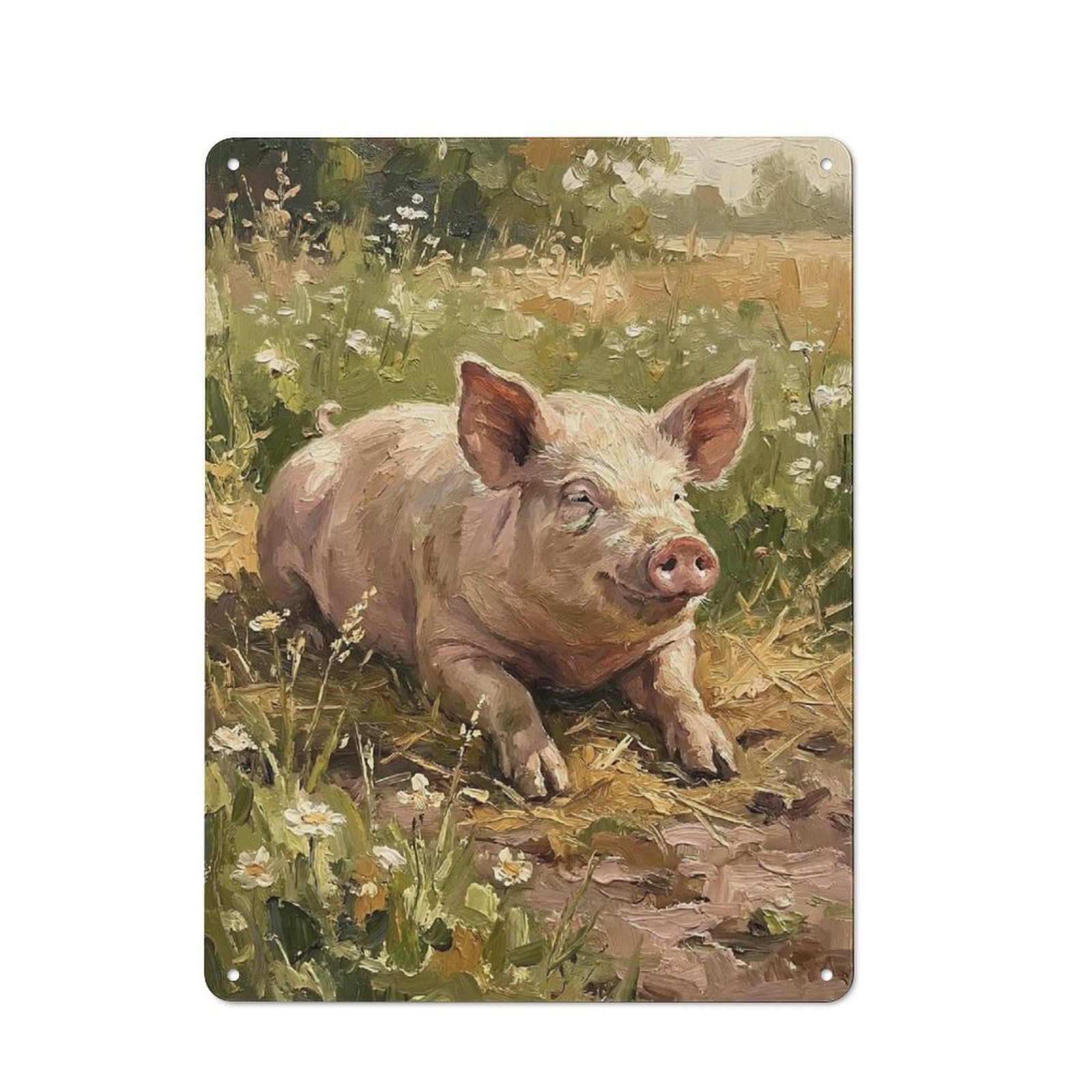 Junmoney Style-1 Piglet In A Field Of Daisies Tin Wall Plaque 40X30cm, Barn Style Rustic Kitchen Decor For Farmhouse Kitchen, Pantry Or Dining Area