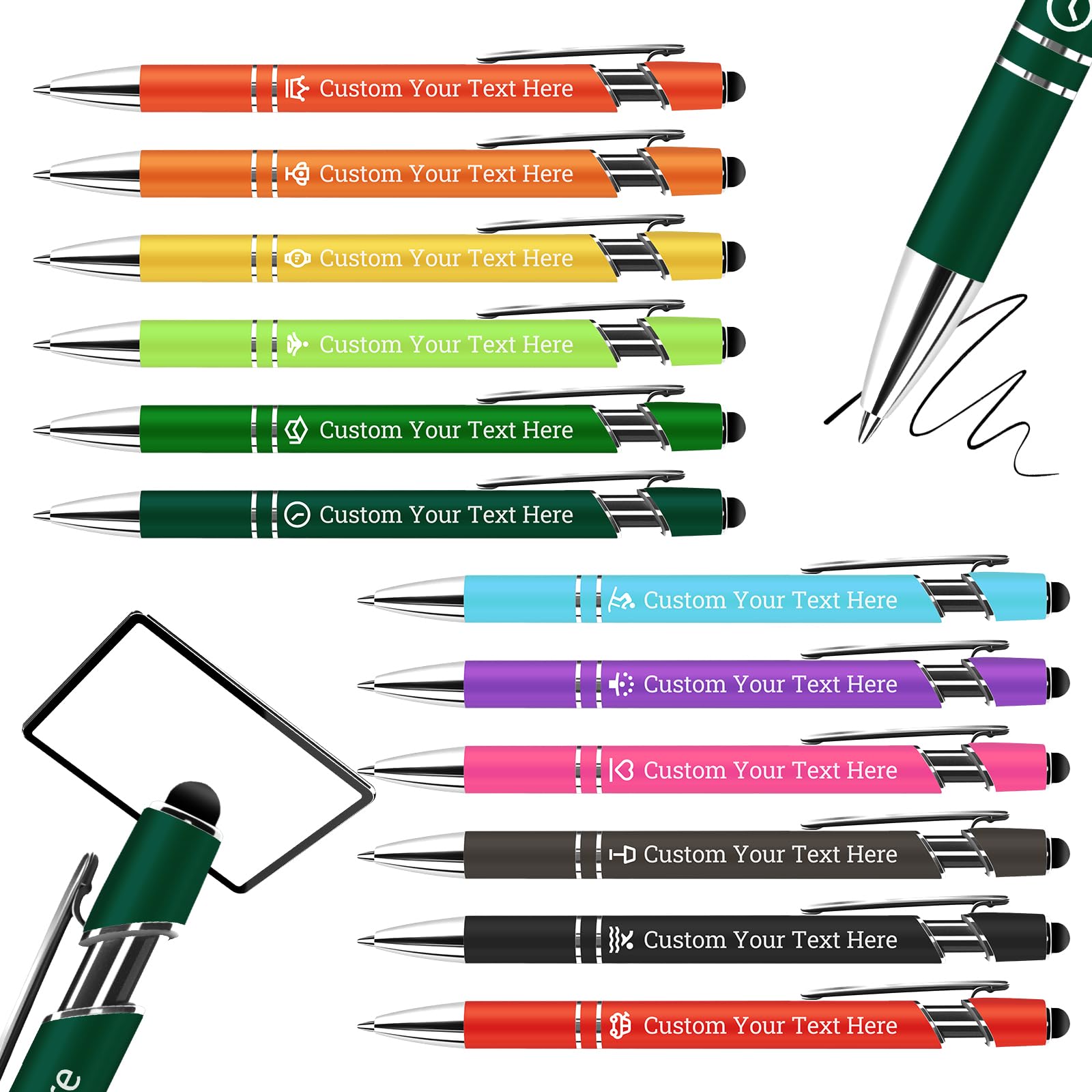 Retractable Ballpoint Pens with Stylus – Laser Engraved Metal Barrel, 12 Colours – Perfect for Business Gifts, Schools, and Events