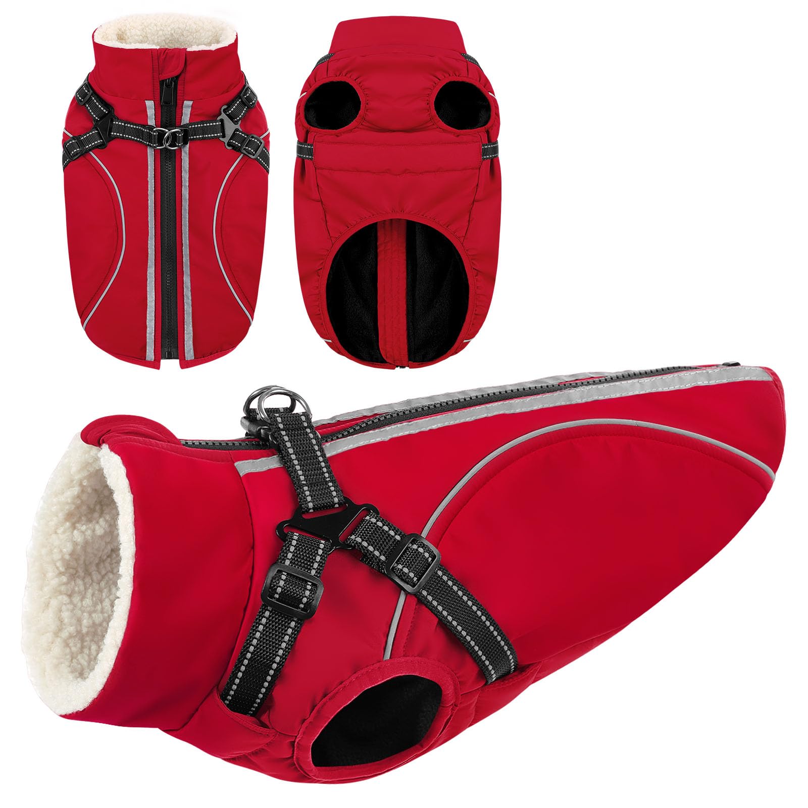 CITÉTOILE Winter Dog Coat with Reflective Strips Red L